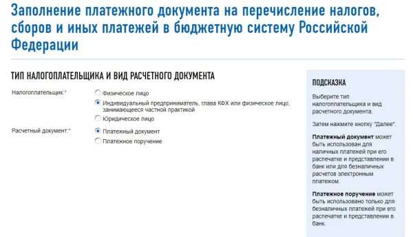 Оплата налогов ИП на сайте ФНС России, скрин 2